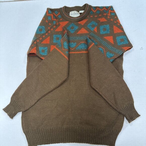 Le Tigre Coogi Style Vintage Knit Cosby Sweater Turquoise Brown Red Medium - Picture 9 of 11